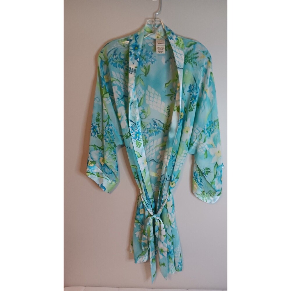 Sophia By Delicates Women L Robe Floral Semi Sheer Multi Color Tie Short Sleeve